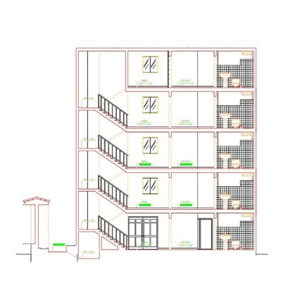 پروژه اتوکد آپارتمان مسکونی پنج طبقه دارای پارکینگ طبقه همکف با طراحی زیبا به همراه نما ها و برش های کامل