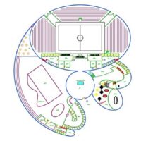 پروژه اتوکد مجموعه ورزشی سرپوشیده دارای زمین فوتسال و استخر و جکوزی با طراحی خلاقانه به همراه برش های کامل و طراحی سایت پلان